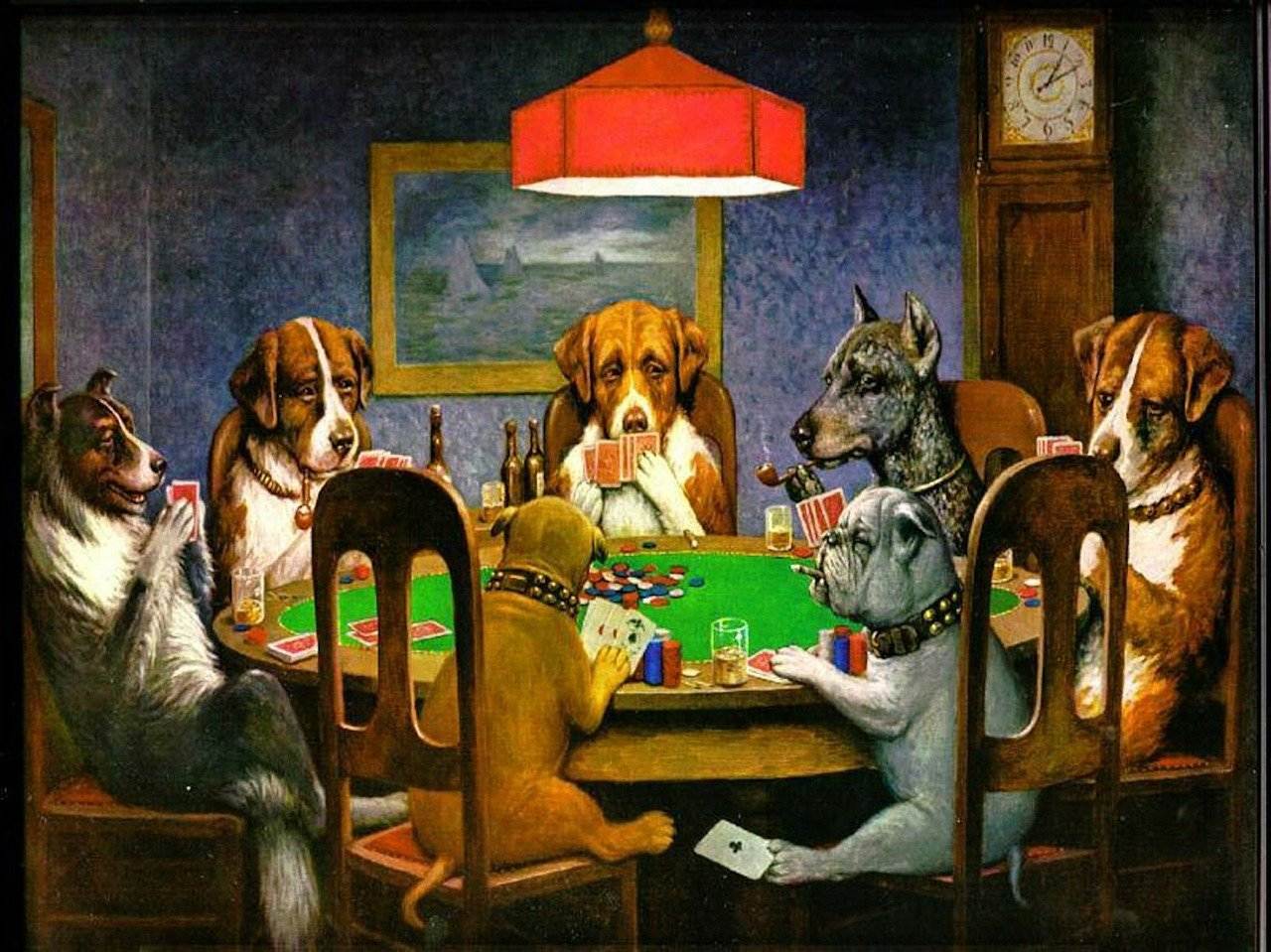 Ein Bild von Hunden, die Poker spielen